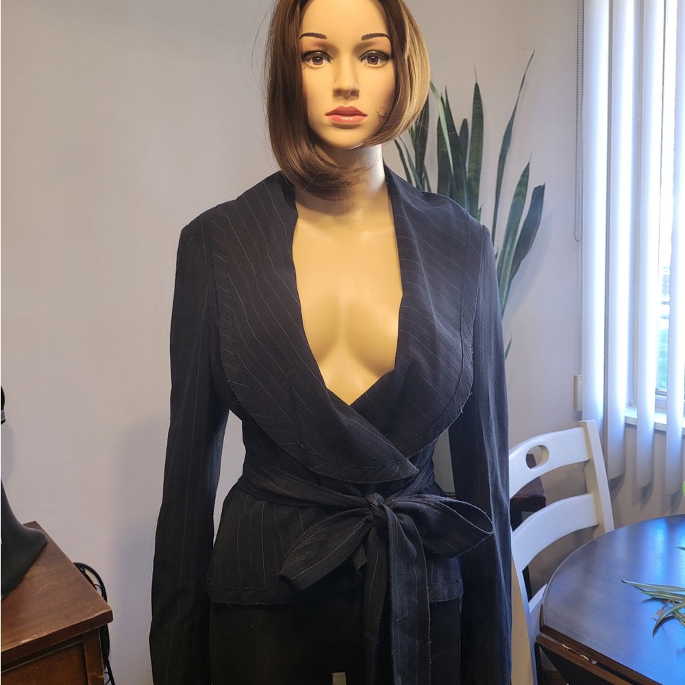 BCBG MAXAZARIA Black Pinstripe Wrap Blazer
